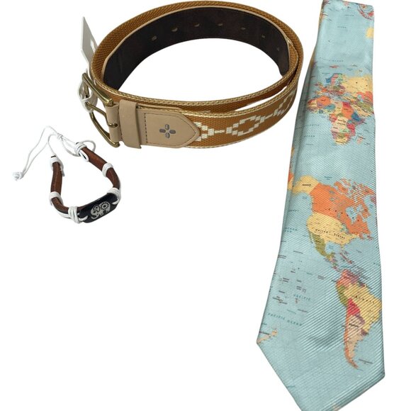 World Map Necktie Tan Woven Belt Elephant Bracelet Gift Set Men Travel Style - Picture 3 of 14